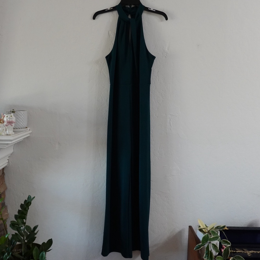 Lulus Dark Green Halter Wide-Leg Jumpsuit – Size S, Elegant Formal
